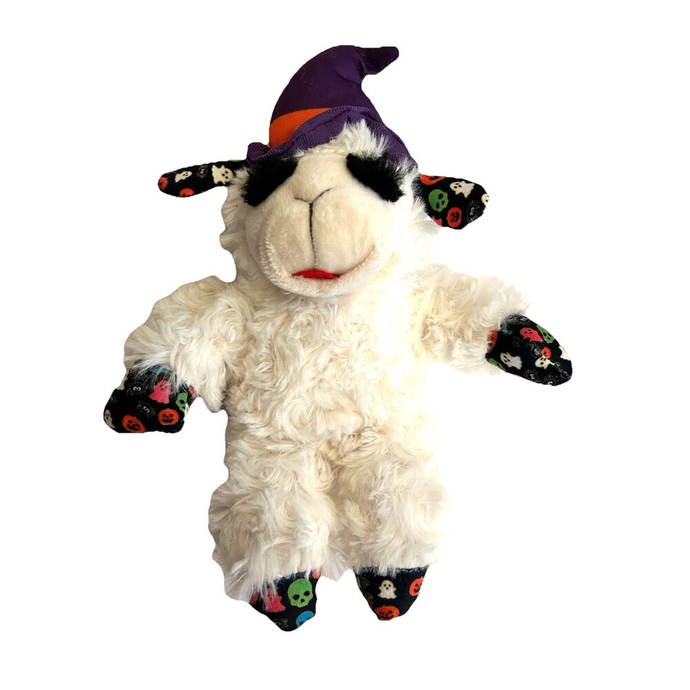 Multipet Lamb Chop Halloween Witch Purple Hat Squeaker Squeaky Plush Dog Toy 10"